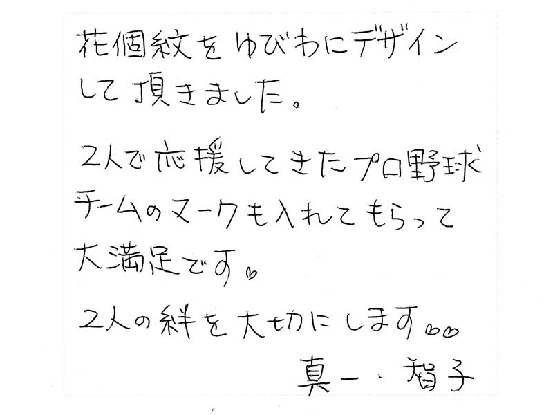 結婚指輪をお作りいただいたお客様のコメント