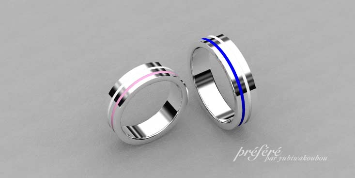 お二人の好きなカラーを入れてお創りする結婚指輪が出来ました