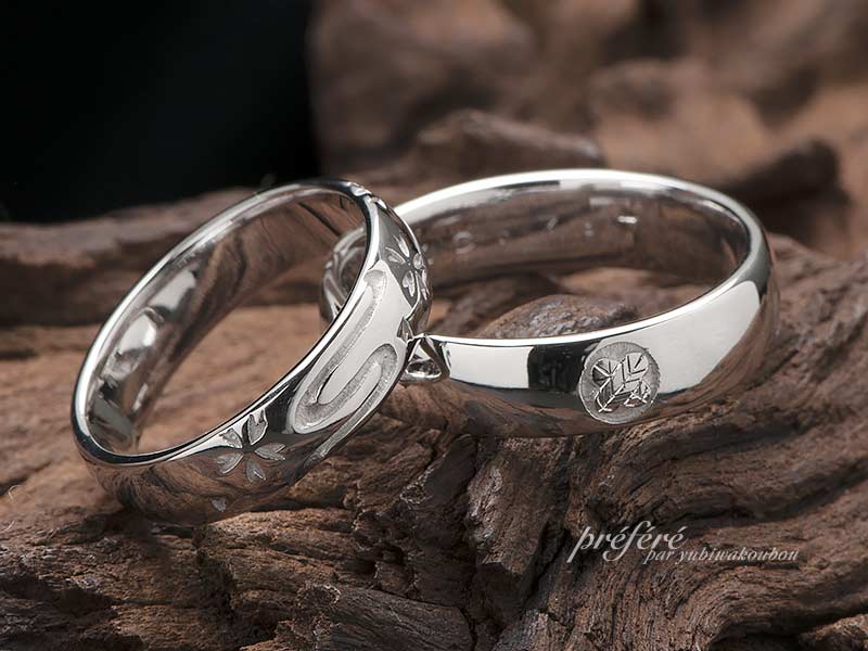 オーダメイド結婚指輪のモチーフは桜・川・家紋のシックなデザイン