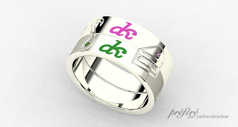 結婚指輪はオーダーメイドでお二人のお好きなモチーフを入れてお創りしました。