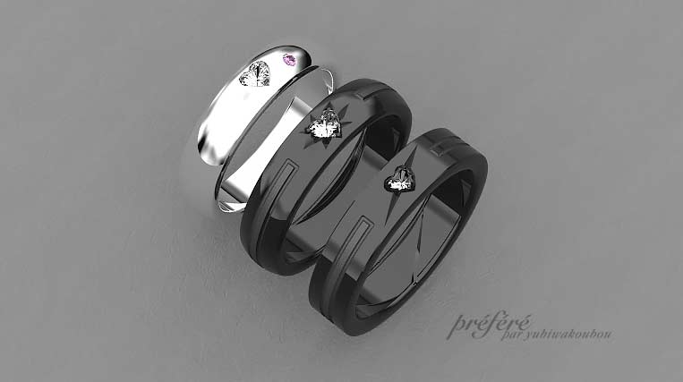 結婚指輪はオーダーメイドでブラック＆ハートダイヤのおしゃれなデザイン