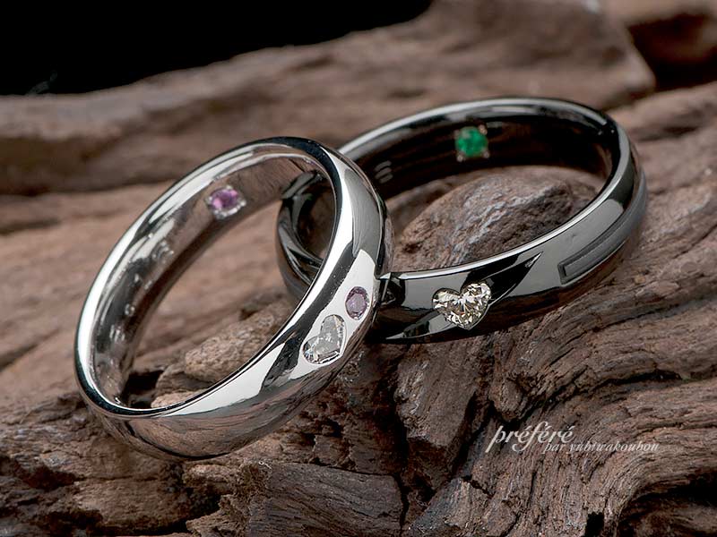 結婚指輪はオーダーメイドでブラック＆ハートダイヤのおしゃれなデザイン