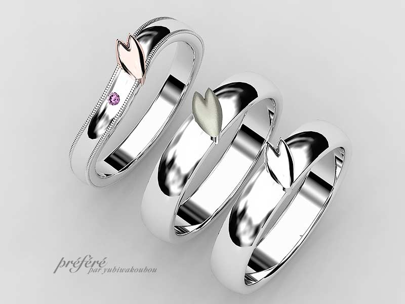 結婚指輪はオーダーメイドで桜花モチーフの優しいデザインでお創りしました。
