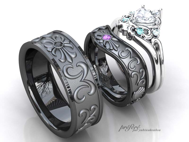 ティアラ婚約指輪とブラック結婚指輪を重ね着けセットでオーダー