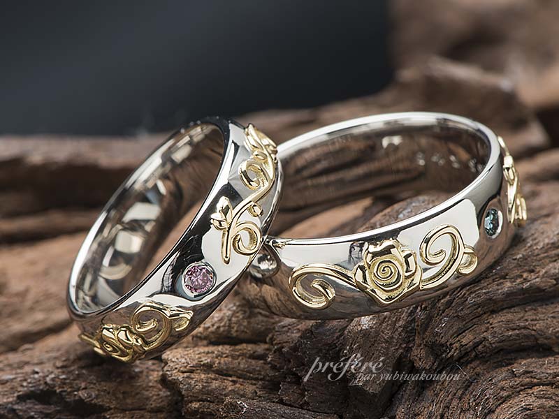 K１８素材のバラと蔓をデザインした結婚指輪はオーダー