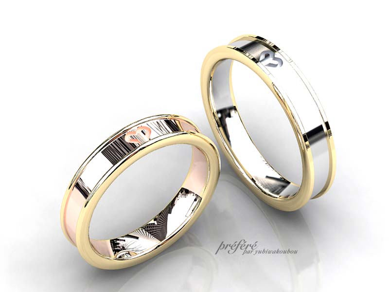 ロゴマークを入れた結婚指輪はコンビ素材でオーダーメイド