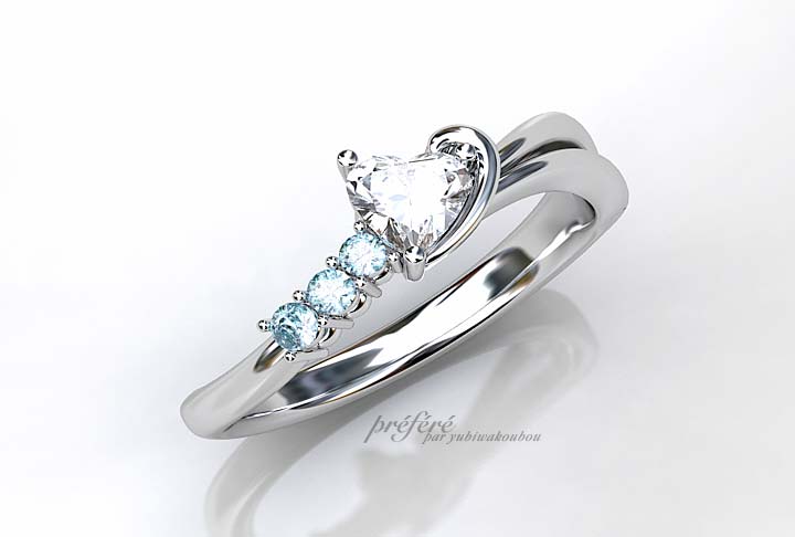 婚約指輪はハートのダイヤに流れ星イメージでお創りします。