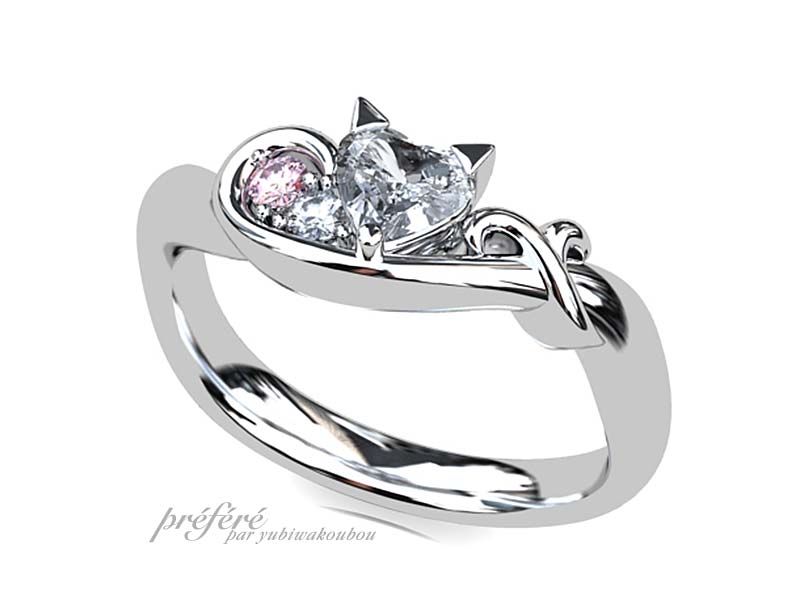 ネコモチーフの婚約指輪はハートダイヤでオーダーメイド