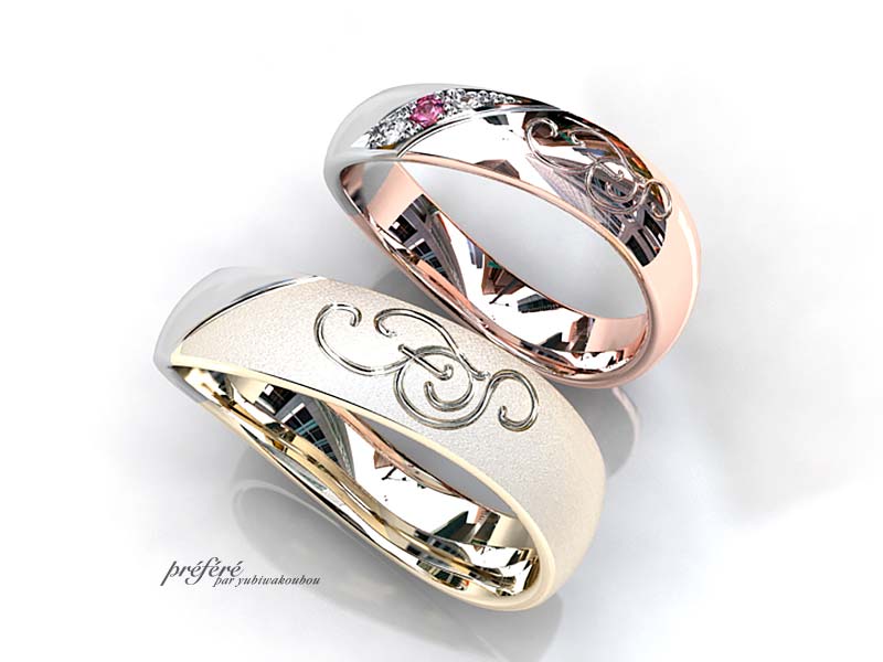 結婚指輪オーダー イニシャル結婚指輪オーダー コンビ素材
