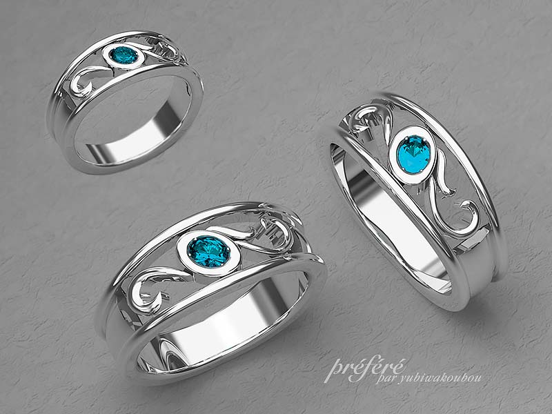 ブルーのオーバルダイヤを入れたオーダーメイドマリッジリング(結婚指輪）が完成しました。