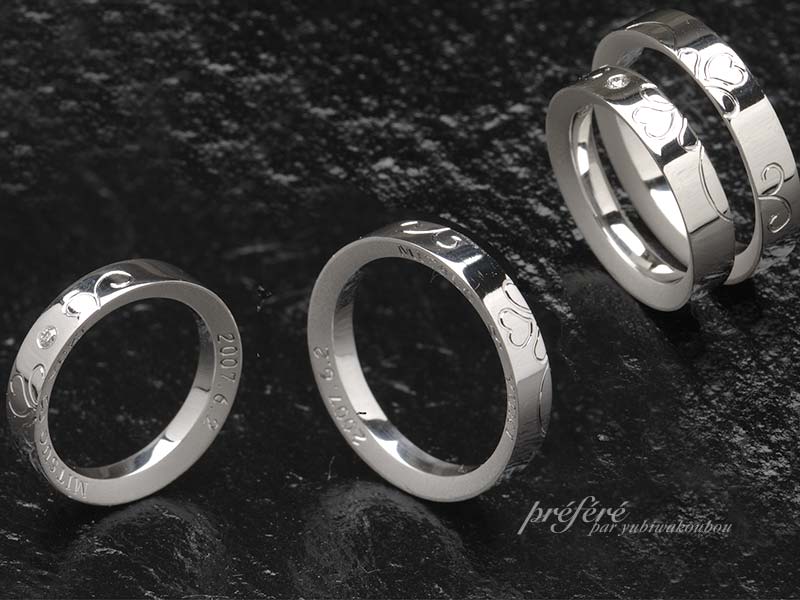 結婚指輪のオーダーは四つ葉と側面のデザインを入れて