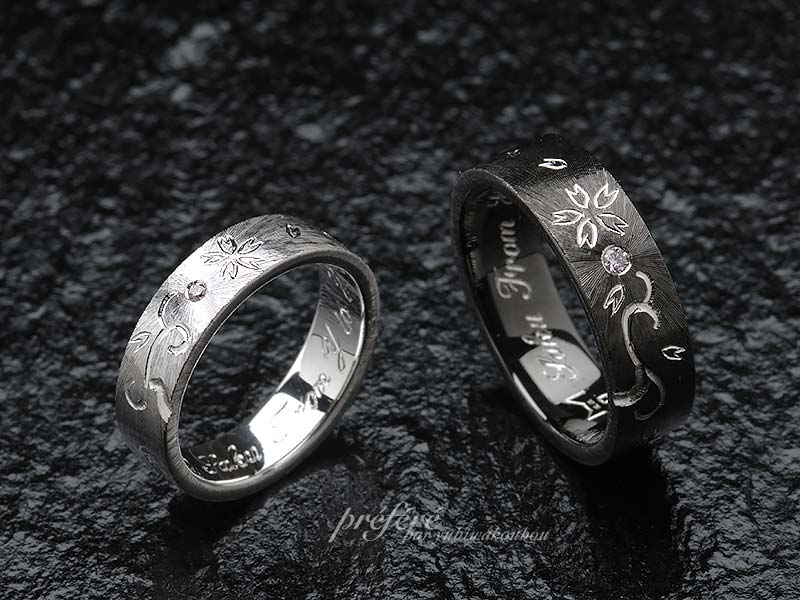 ファンシーピンクダイヤを入れた結婚指輪は桜デザインで