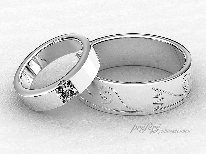 プリンセスダイヤと手彫りのデザインをいれた結婚指輪はオーダー