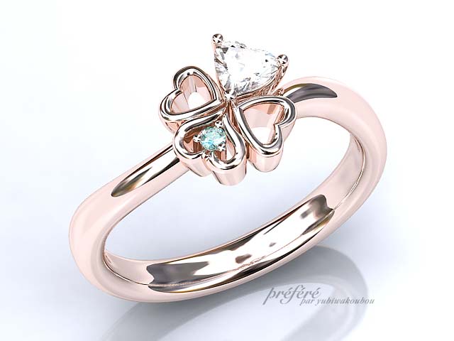 婚約指輪はハート形ダイヤと四つ葉のクローバーをモチーフにオーダーメイド