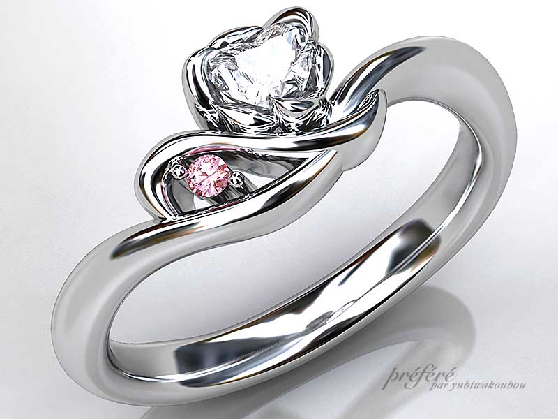 婚約指輪はオーダーで当工房人気のハートダイヤとピンクダイヤを入れてお創りしてゆきます