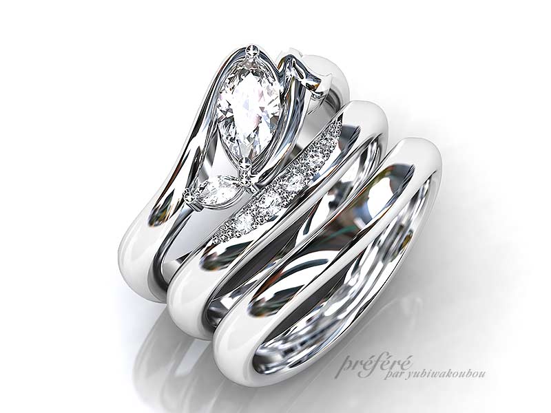 オーダーメイドの結婚指輪と婚約指輪は2本重ねて着けるセットリング