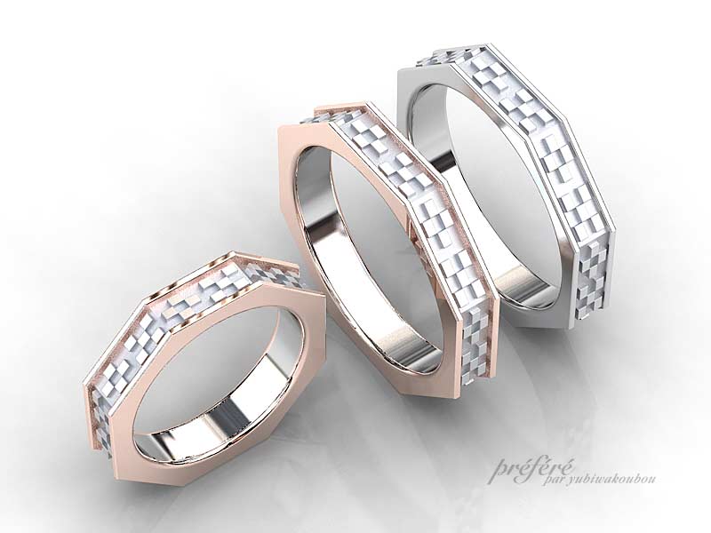 結婚指輪オーダーでミンサー柄を入れた八角形のリング
