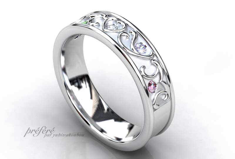 結婚１０周年の指輪は家族のイニシャルとお誕生石を入れてオーダーメイド　CG