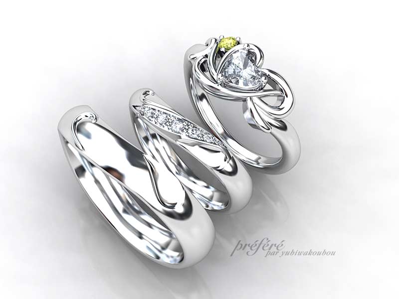 ハートダイヤの婚約指輪とハートモチーフの結婚指輪はオーダーメイド