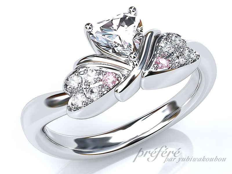 婚約指輪はハートダイヤをいれてリボンデザインでオーダーメイド