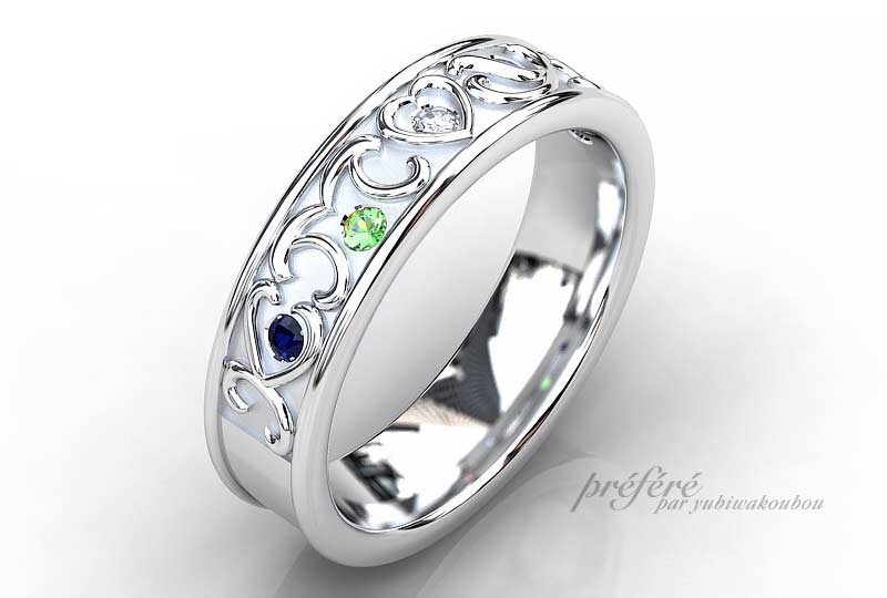 結婚１０周年の指輪は家族のイニシャルとお誕生石を入れてオーダーメイド　CG