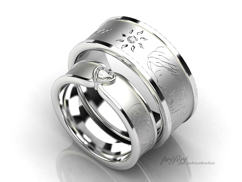 結婚指輪ーマリア様ーハートダイヤ＆太陽＆メッセージ　イメージ画像