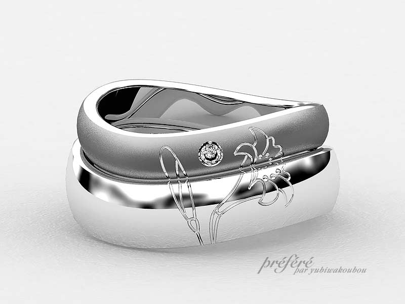 マリッジリング結婚指輪はオーダーメイドで繊細な百合のお花を手彫り CG