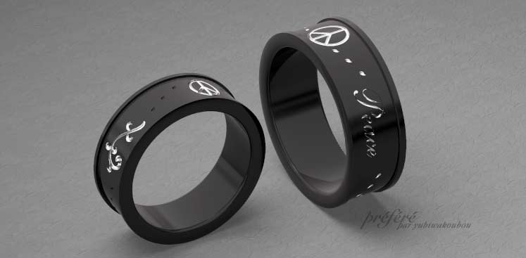 ブラックに浮き出るお二人のイニシャルが入ったオーダーメイド結婚指輪 CG