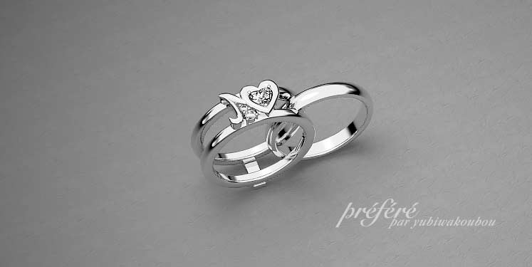 ペアリングとセットでつけるハートダイヤの婚約指輪　CG