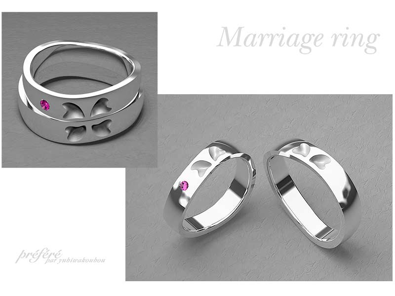 四つ葉のクローバーにピンクダイヤを添えたオーダーメイドのマリッジリング（結婚指輪）の完成です