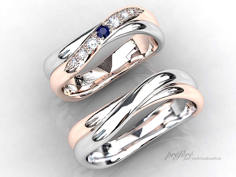 2連タイプの結婚指輪はピンクゴールドとプラチナ素材のコンビ