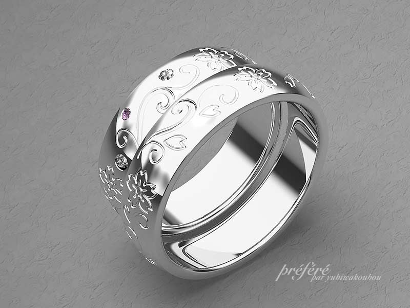 ハートと桜を全周にデザインした鏡面仕上げの結婚指輪