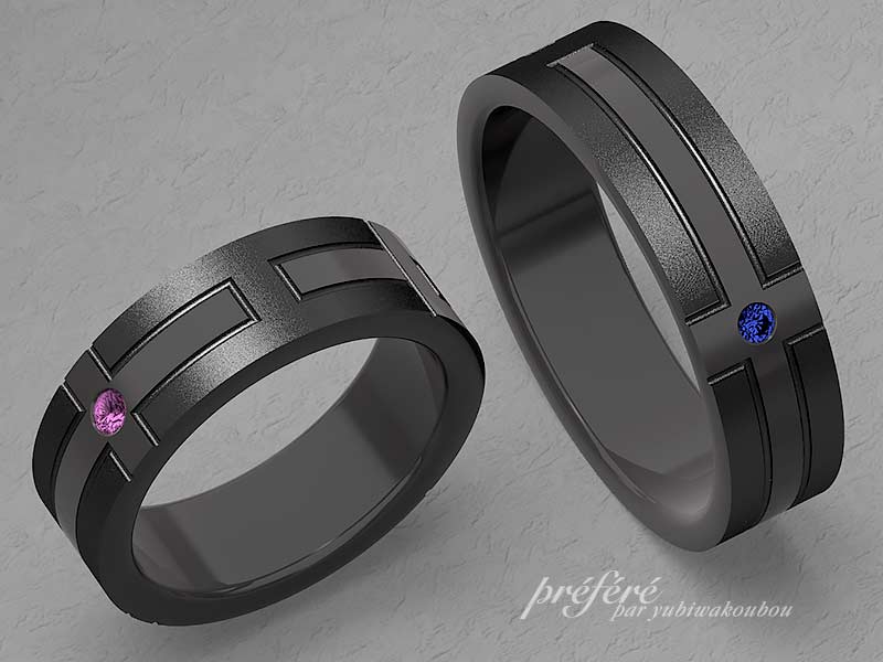お二人のお名前をいれたブラック仕上げのオーダーメイド結婚指輪のイメージ画です