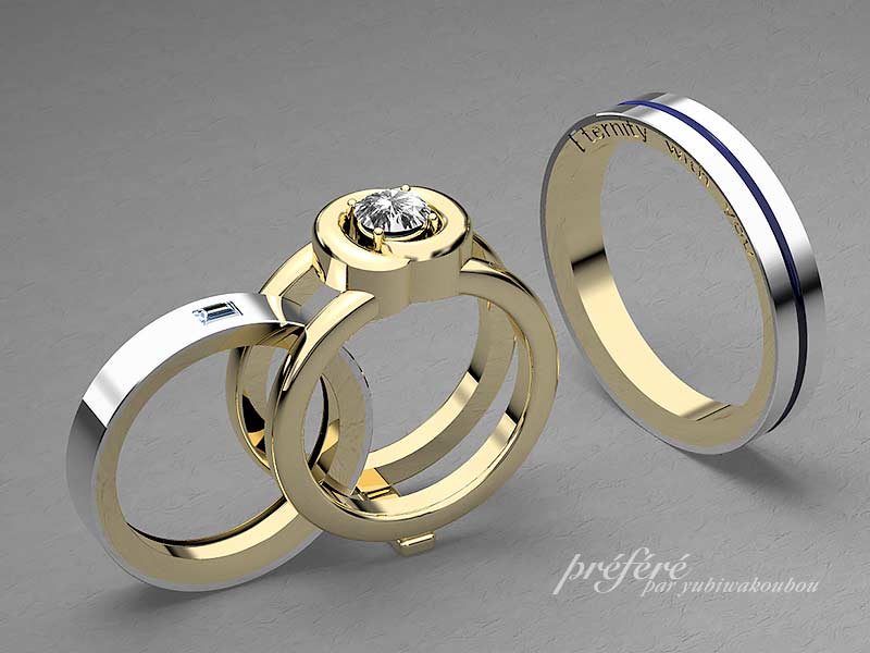 K１８とプラチナのコンビでお創りする結婚指輪と婚約指輪のセットリング　CG