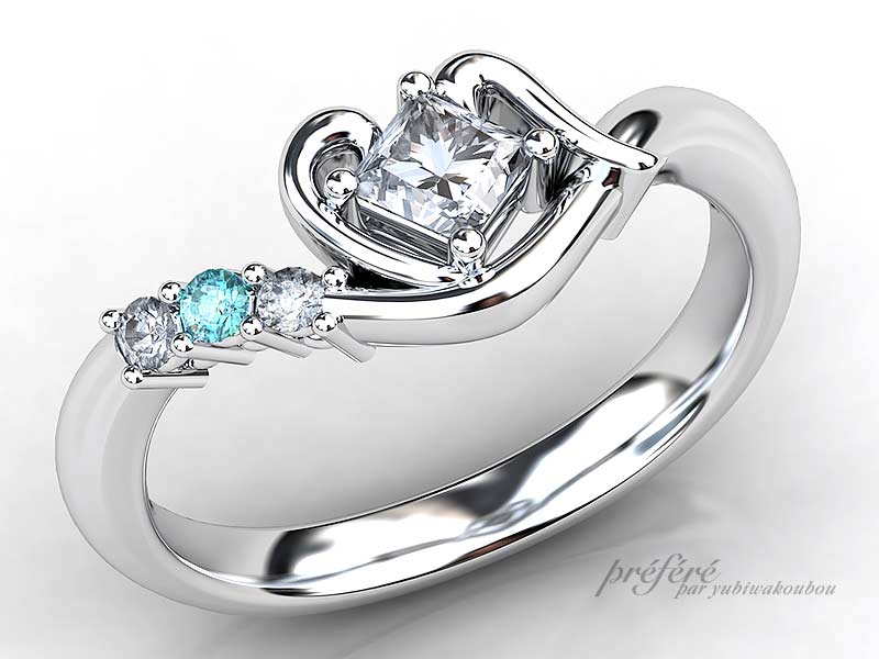 婚約指輪は四角いプリンセスダイヤと彼のイニシャルモチーフでオーダーメイド