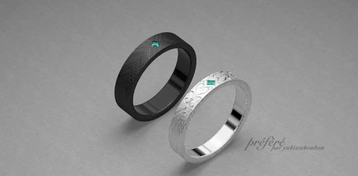 放射線状テクスチャーにプリンセスダイヤを配置した結婚指輪　CG