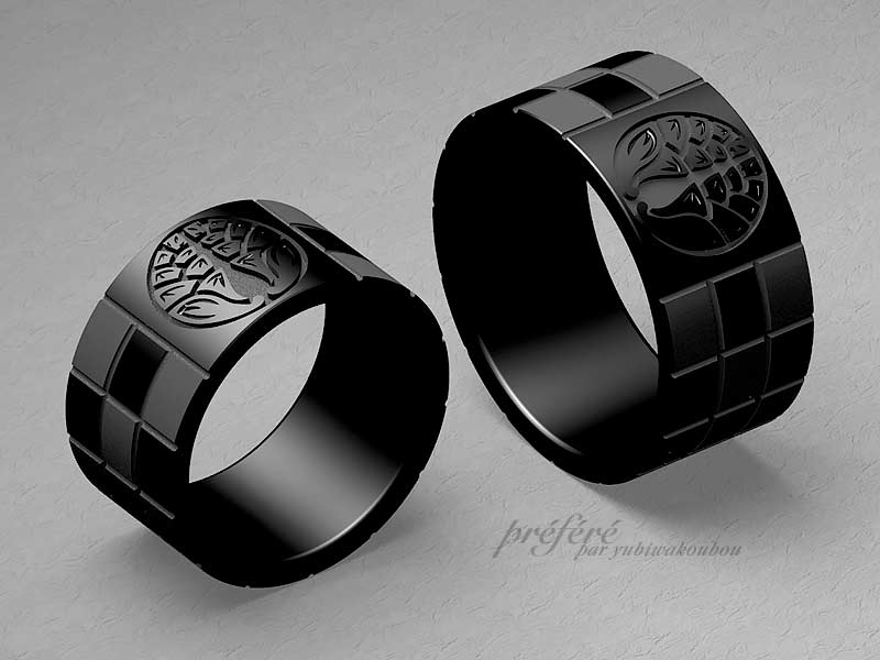ブラックリングの結婚指輪は家紋と市松模様でオーダーメイド CG