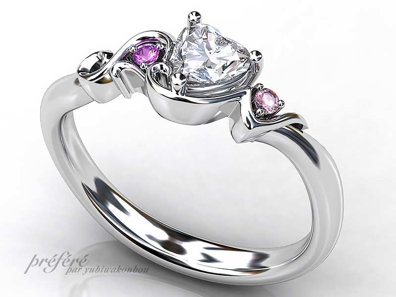 オーダーの婚約指輪はハートダイヤと誕生石のアメジストでサプライズプレゼント