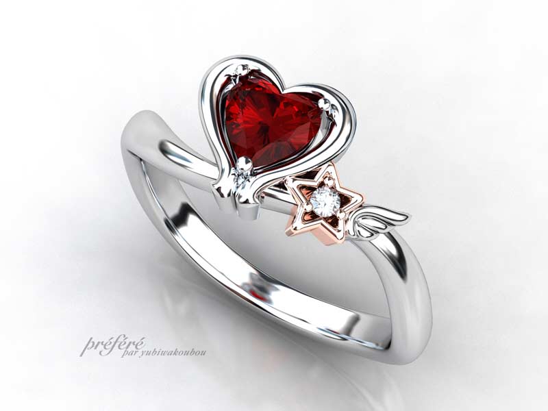ハート形ルビーとピンクのスターのオシャレなデザインの婚約指輪