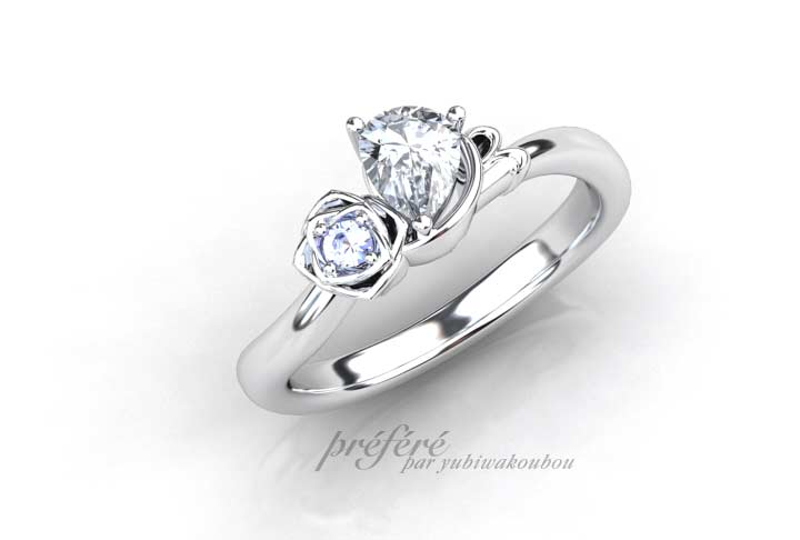 婚約指輪は愛のしずく形のペアシェイプダイヤと薔薇を添えてオーダーメイド