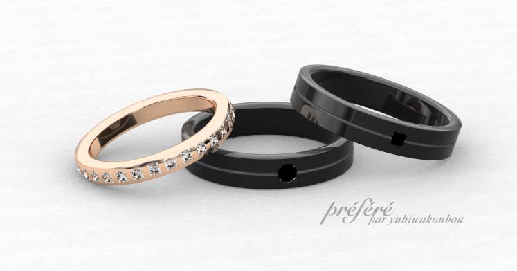 ピンクゴールドとブラック仕上げの結婚指輪はオーダー