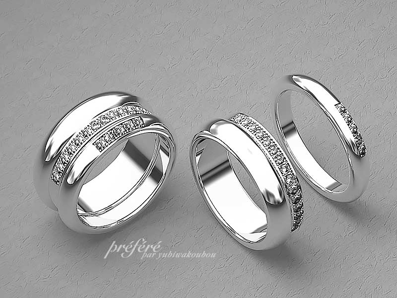 エレガントで個性的な結婚指輪と婚約指輪のセットリング