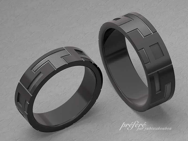 他にはないイニシャルが隠れた人気のブラック仕上げの結婚指輪イメージ画です