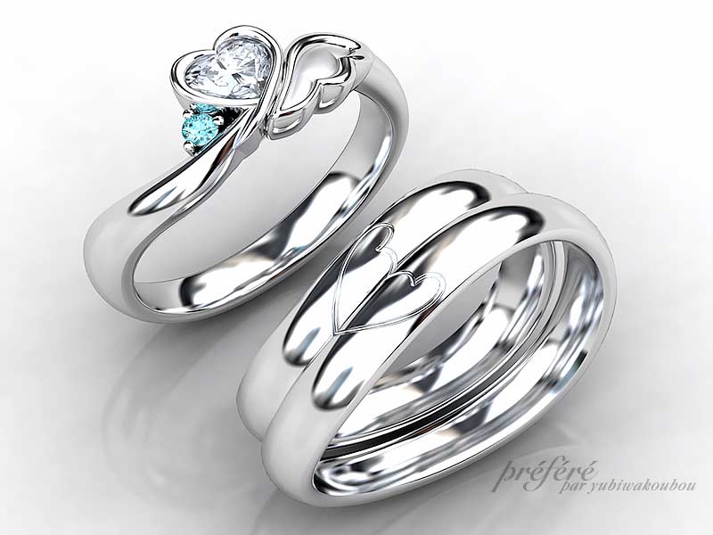 天使の羽をモチーフに結婚指輪と婚約指輪をセットでオーダーのセットリング　CG