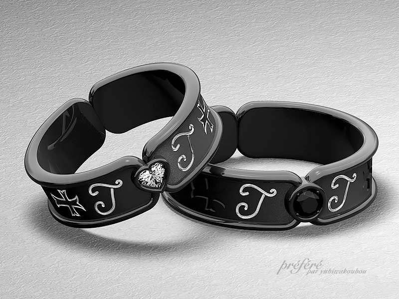 無限大リングにハートのダイヤとブラックダイヤを入れた結婚指輪　CG