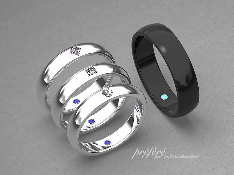 ダイヤとブラックの結婚指輪のイメージCGです