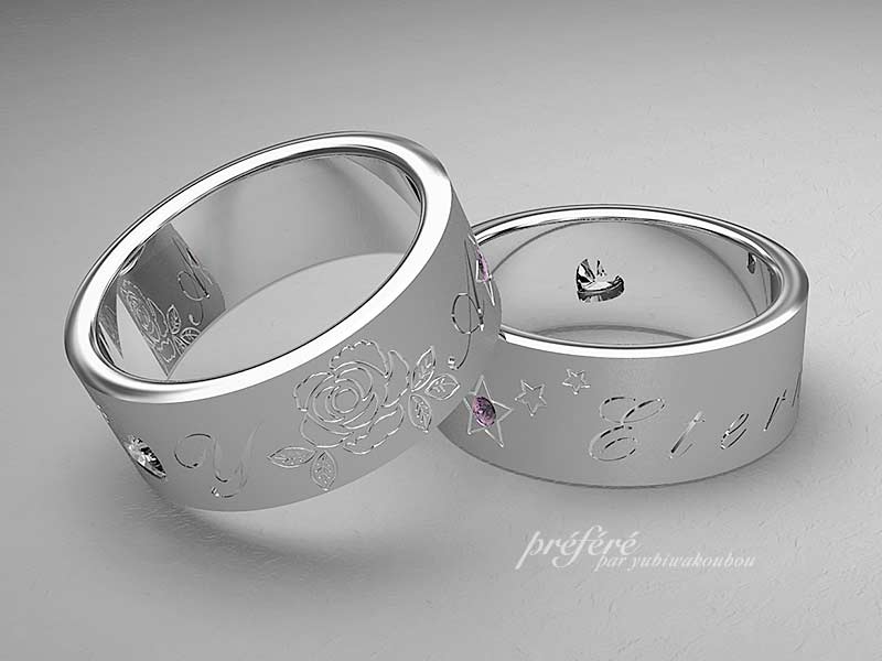 ハートダイヤとローズピンクダイヤを入れて薔薇をデザインした結婚指輪