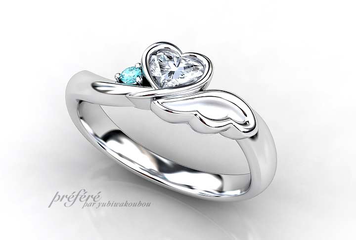 天使の羽をモチーフに結婚指輪と婚約指輪をセットでオーダーのセットリング　CG