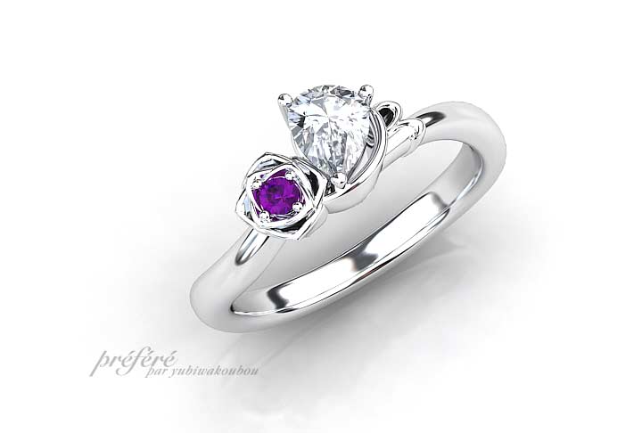 婚約指輪は愛のしずく形のペアシェイプダイヤと薔薇を添えてオーダーメイド