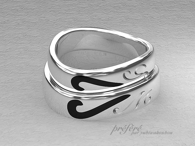 オーダーメイドでお創りしてゆくハートのデザインにカラーを入れた結婚指輪のモデル型です